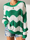 Yang Autumn New Fur Women's Loose Round Collar Hit The Striped Long-Sleeved Knitted Shirt