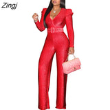 Fashion Women Jumpsuits Puffy Long Sleeve V Neck With Belt Wide Leg Pants Loose Rompers Party Office