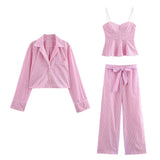 New Pink Shirt Suede Set Striped Three-Piece