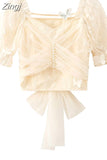 Women Clothes Y2K Sweet Cute Lace Pullovers Blouse Vintage Casual Short Sleeve Square Collar Korean Office Lady Shirt Top