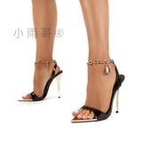 New Women's Shoes Candy Color Tip Fine High Heel Sandals Metal Chain Fashion