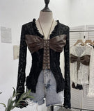 Shooting V Tie With Retro 2025 New Hottie Sexy Lace Splicing Pu Leather Hollow Shirt Top
