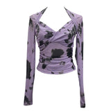 Tie-Dye-Print Long Sleeve Bottom Sexy Hottie V-Neck T-Shirt Folded Slimming Mesh Yarn Top