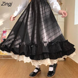Midi Long Skirts Womens Multi Layer Ruffle Goth Black Pleated Skirts Japanese Harajuku Sweet High Waist Lolita Skirt