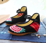 Zingj Heels Single Shoes Beef Tendon Bottom Spring And Autumn Style A Word Buckle Buckle Embroidered Cloth Shoes Slope Heel Women's