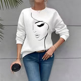 Spring And Autumn New Women's Fashion Face Printed Round-Neck White