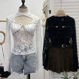 Real Shot Design Lace Ribbon Hollow Long Sleeve Top Sexy Slimming Bottom T-Shirt