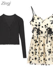 Print Long Sleeve Knit Cardigan Crop Coat Two-piece Dress Ladies Drawstring Floral V-neck French Suspender Robe Suit