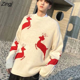 Women Christmas Warm Knitted Long Sleeve Autumn New Pullovers Couple Chic Patchwork O-Neck College Japanese Style