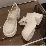 Pearl Bow Waterproof Table Coarse Heel Shoes Wear 2025 New Early Autumn Shoes Head