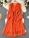 Vintage Women Dress Elegant Orange/Red/Yellow V-Neck Lantern Sleeve High Waist Slim A-Line Vestidos Female New