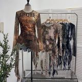 Shooting Babes Long Sleeves And Jersey Net Yarn Dye Printing Irregular Lotus Leaf Edge Ribbon Folding Top