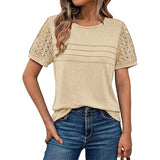 Summer New Women's Casual Loose Round-Neck Lady T-Shirt Solid Color Lace