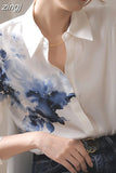 New Vintage Ink Printing Chiffon Shirt Turn-down Collar Long Sleeve Satin Blouse Women Summer Korean Style Casual