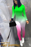 Women Gradient Print Long Sleeve Sport Bodycon Jumpsuit Bandage Skinny Jumpsuit Streetwear Autumn Winter Romper