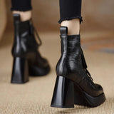 Handmade Women's Shoes 2025 Autumn And Winter New Waterproof Table Head High Heel Short Boots Thick Heel Brown