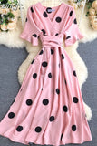 Women Polka Dot Midi Dress Vintage V-Neck Short Flare Sleeve Bandage A-Line Vestidos Female Casual Robe New