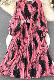 Vintage Women Printed Pleated Long Dress Elegant Round Neck Lantern Sleeve High Waist A-Line Maxi Vestidos Female