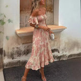 Women's Clothing New Printing To Take Short-Sleeved Lotus Leafy Skirt One-Word Shoulder Fashion Women