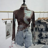 Shooting Wave Side Half-High Collar Net Yarn Dyed Long Sleeve Thin Inside The Bottom Shirt Autumn And Winter Folded T-Shirt