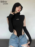 Women Black Bodysuits Fashion Streetwear Appliques Hooded Tops With Cuff 2023 New Spring