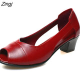 Genuine Leather Comfortable Ladies Mid Heel Sandals Women Shoes Hollow Peep Toe Square Heel Sandals Woman