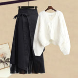 Women Winter Patchwork Long Sleeve Knitted Tops + Asymmetric Skirt 2 Piece Suit Female Party Elegant Two Piece Set 211-1-Outfit