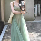 Summer New Temperament Slim Comfortable Design Small Fashion Art Green Dress Two Sets Of