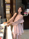 Xixi 2025 New French Printing Retro High-Waist Long Sleeves Thin Dress Short Skirt