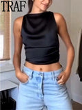 Black Crop Top Women Satin Backless Top Female Y2k Streetwear Sexy Tops Woman Fashion Tied Sleeveless Tank Tops For