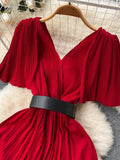 Women Pleated Party Long Dress Sexy V-Neck Short Sleeve High Waist A-Line Maxi Vestidos With Belt Vacation Beach Robe