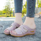 Women's Slope And Sewing Sandals Fish Mouth Thick Soles Hollow Large Size Shoes Embroidered Cool