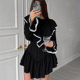 Zingj 2023 New Horn Sleeve Flounce Dress Women's Temperament Design Sense Little Black Dress-Outfit