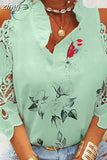 Hollow Out Printed Blouses V-Neck Short Sleeve Lace Shirts Summer Female Strapless Blouse Women Casual Tops Elegant