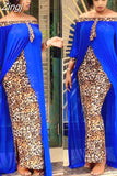 Spring Autumn Fashion Loose Leopard Women Maxi Long Split Gown Leisure Outdoor Patchwork Strapless Sexy African