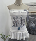Kitten Print Bow Sweetheart Hottie With Chest Pads With Chest Bra Vest Wooden Ear Top