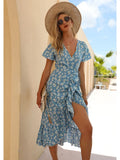 Boho Style Floral Print Maxi Beach Dress Women Sexy Side Split Party Dress Short Sleeve Ruffle Casual Long