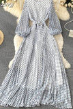 Women White/Black/Brown Polka Dot Long Dress Vintage Round Neck Puff Sleeve Elegant A-Line Maxi Vestidos Female 2023