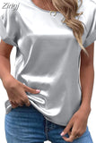Lady Short Sleeve Satin Blouse Loose Casual Round Neck Solid Shirts Fashion 2023 Summer Elegant Tops Women Clothing