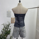 Shooting Denimed Tie-Dye Printing Mesh Yarn Tectar Tset With Chest Cushion Anti-Slip Vest Short Top