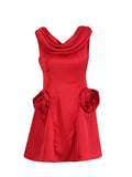 French Elegant Windy High-Waist Three-Dimensional Flower Dress 2025 New Sleeveless Design Solid Color Retro