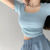 Zingj Letter Embroidered Slim Bottom Shirt Square Collar Low Breast Collarbone Short-Sleeve T-Shirt Midcrop High Waist