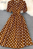 Women Polka Dot Midi Dress Vintage V-Neck Single Breasted Short Sleeve A-Line Vestidos Female Elegant New Fashion