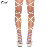 Women Girls Solid Sexy Lingerie Bandage Fishnet Stockings Thigh-High Rhinestone Leg
