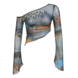 Girl Sexy Net Yarn Abstract Print Oblique Shoulder T-Shirt Girl 2025 Fall INS Umbilical New