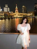 Birthday Korean Beach Style Square Collar Short Puff Sleeve Chiffon Ball Gown Mini Dress for Women Party Summer
