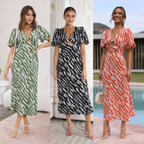 Zingj Fresh And Sweet Wind Print V-Neck A Word Long Dress