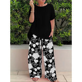 Plus Code Lady Two-Set Set Of Stylish Short-Sleeved Round Collar Top Wide Leg Trousers Print Casual
