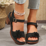 Slope And Thick-Soled Sandals Women's Shoes Coarse Heel Large-Size Flower Decoration A Word With Lattice High