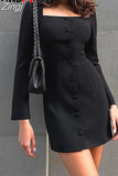 Women's Elegant Dresses Long Sleeve Square Neck Sexy Mini Dress Black Bodycon Short Vintage Tight Bandage Dresses